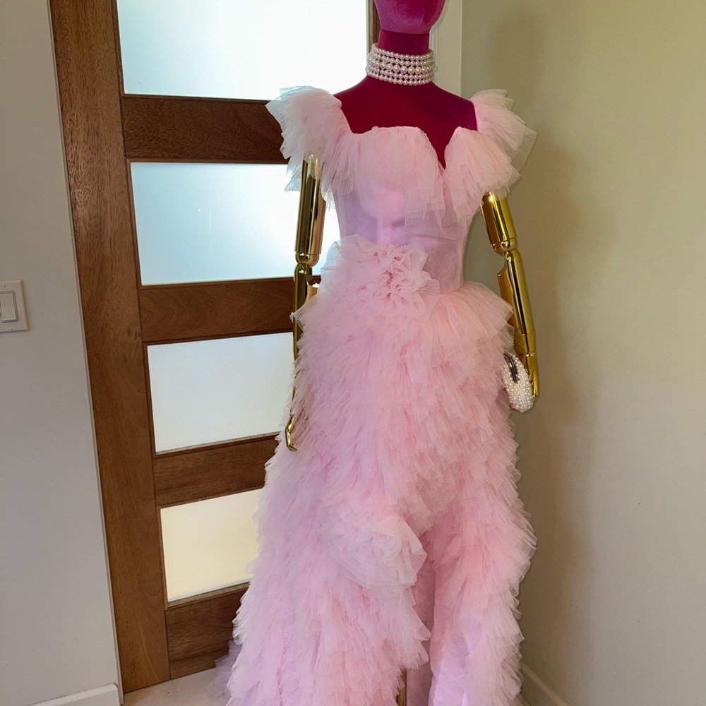 Pink Ruffled Off the Shoulder Prom
Dress with High Slit!  💗 - Picture 7 of 16